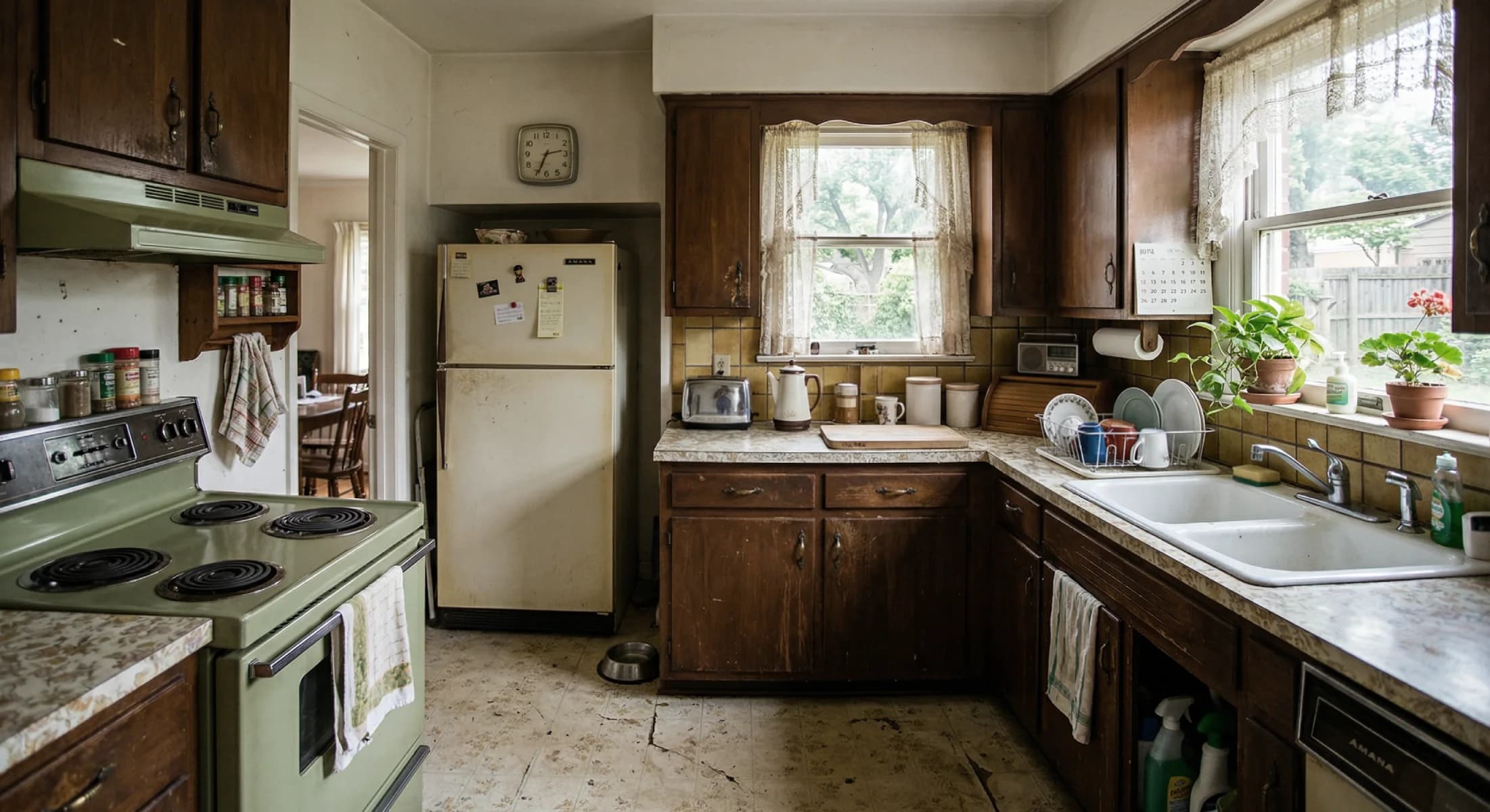 Kitchen before remodeling — dated finishes and layout